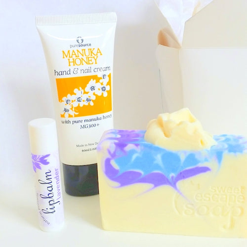 Lavender soap, beeswax lip-balm, and manuka honey handcream